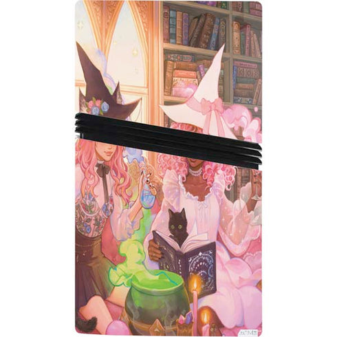 Pink Anime Witch Girls in Library with Cats by Ivy Dolamore PS5 Pro Console Skin